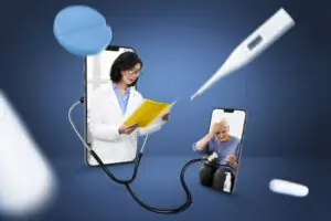 A doctor in a white coat is discussing with a patient inside a medical office. The room is equipped with healthcare tools and medical equipment. The patient, a woman, appears engaged in the conversation.