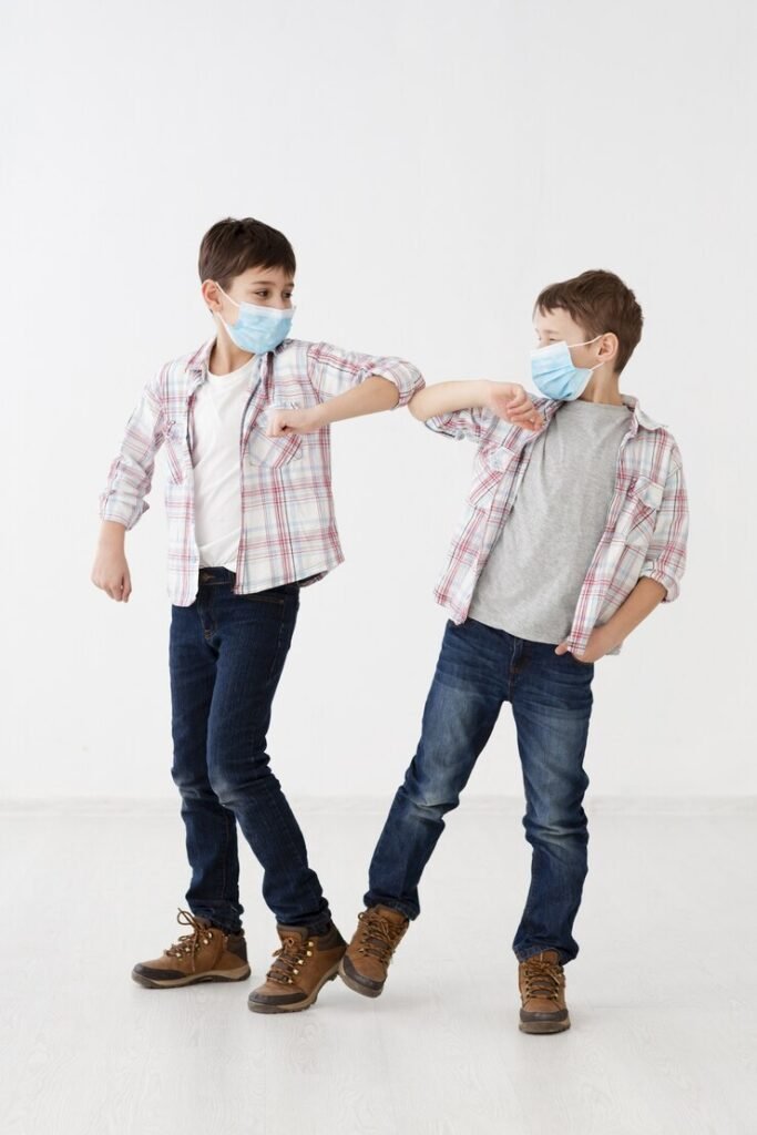 children-with-medical-masks-demonstrating-non-contact-greetings by adopting Care ethics.
