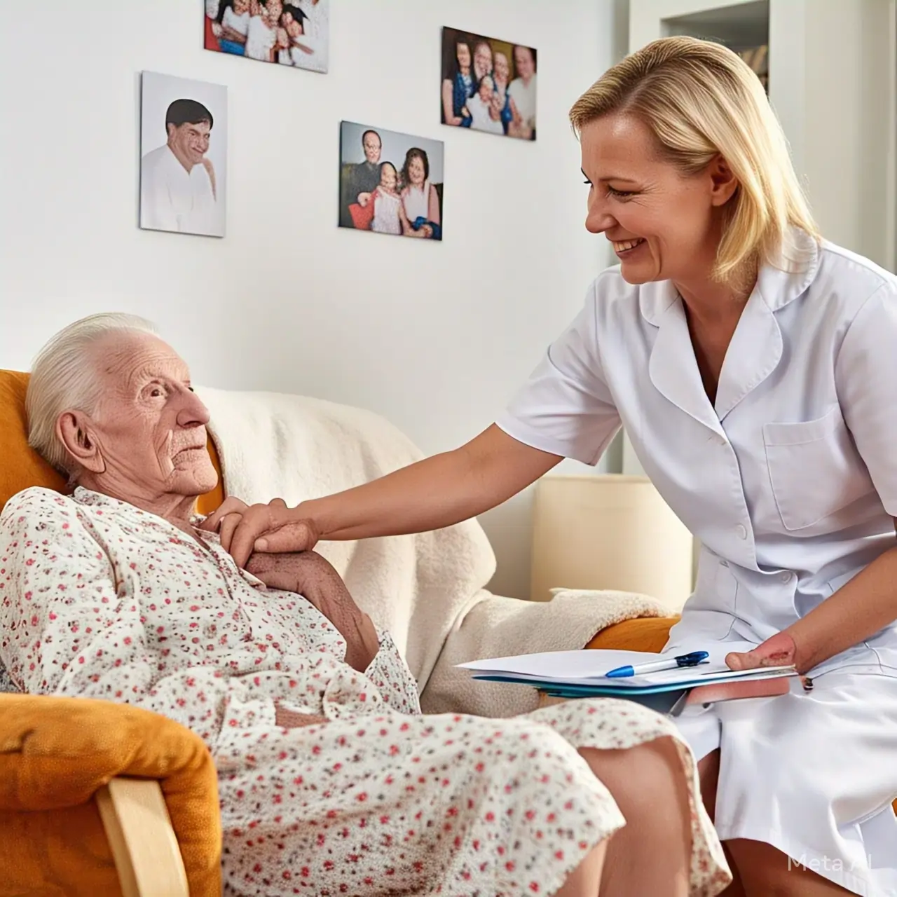 Caregiver Providing Compassionate Support to Elderly Client A caregiver gently assists an elderly person, offering care and companionship in a cozy home environment.