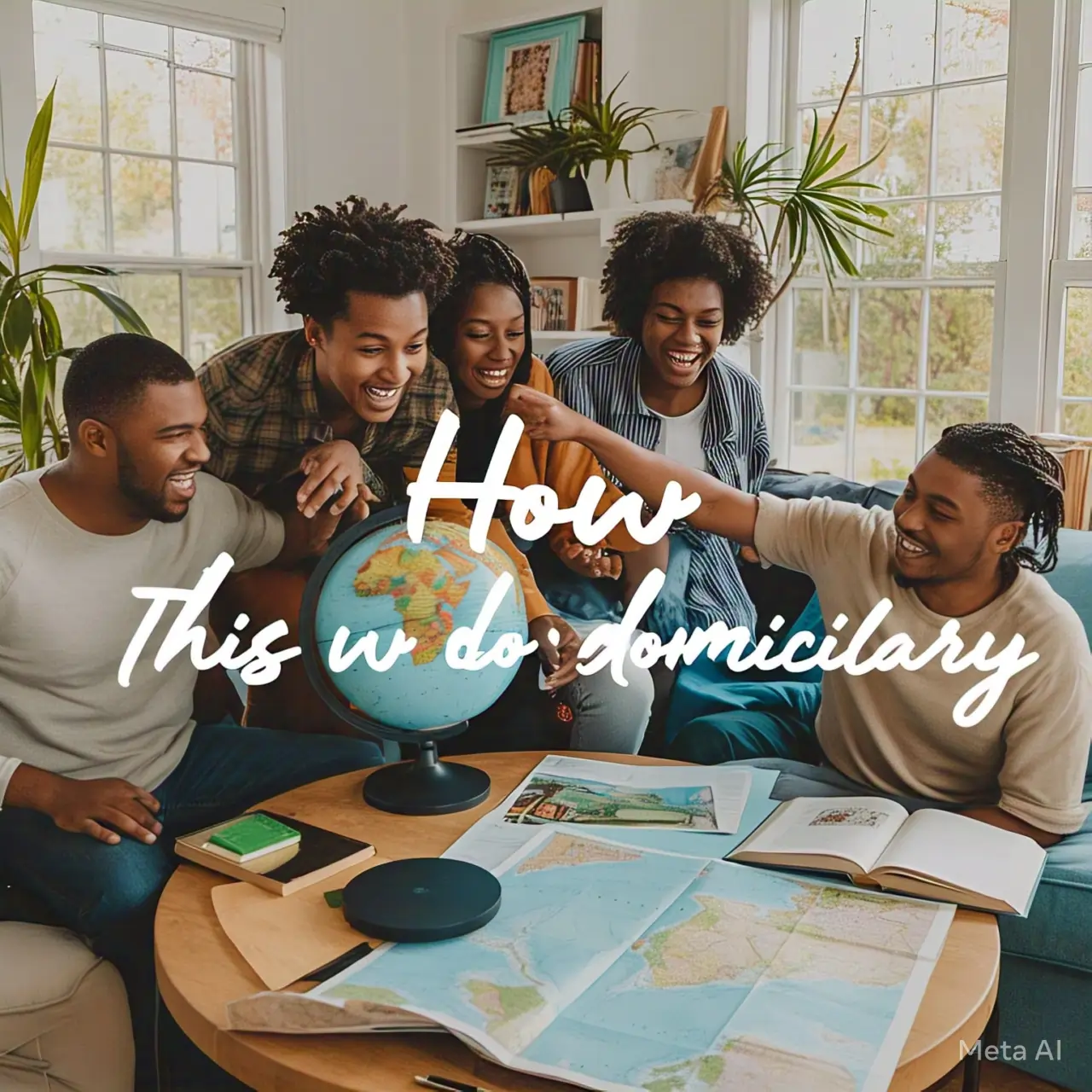 A Group of Friends Engaging in Fun and Learning A group of young adults excitedly discussing and pointing at a globe and maps laid on the table, with smiles and laughter.