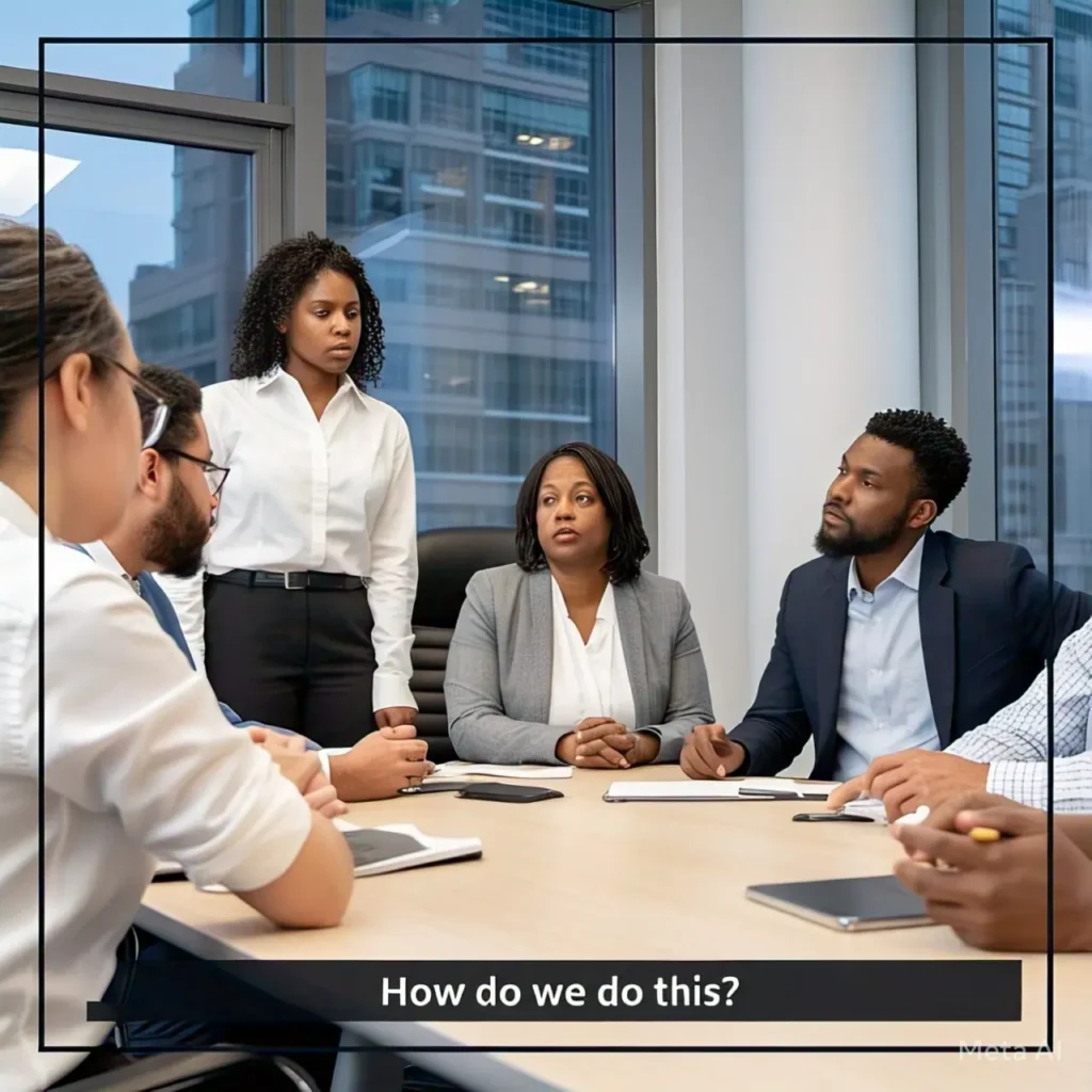 Team Discussion in the Office – Problem-Solving at Work A team of professionals engaged in a serious discussion around a table in an office setting, planning and solving problems together.