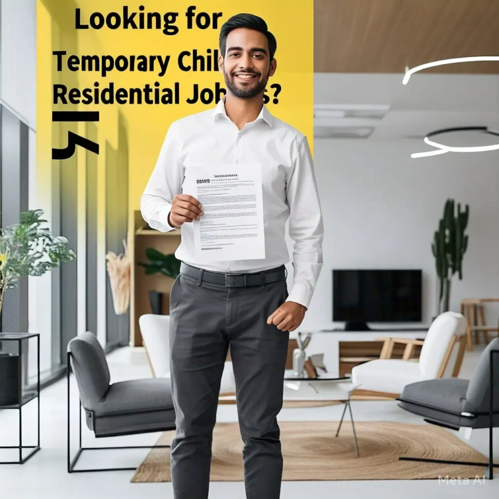 Smiling man holding a job application form, standing in a modern office with the text "Looking for Temporary Children Residential Jobs?" in the background
