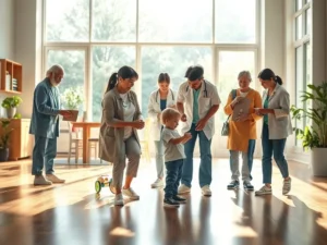 Multidisciplinary Health Care Team A diverse team of healthcare professionals assists a child and an elderly patient in a modern, welcoming healthcare facility.