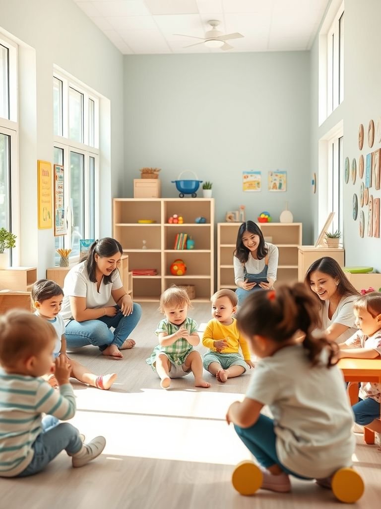 Nurturing Early Childhood Education Caregivers interact with a group of young children in a bright, welcoming classroom, promoting early childhood learning and development.