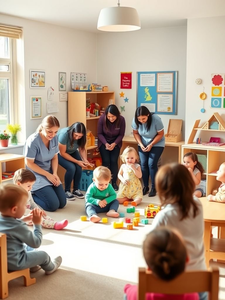 Dedicated Child Care Services for Early Development Child care professionals engage with a group of young children in a bright classroom, promoting early learning and social development.