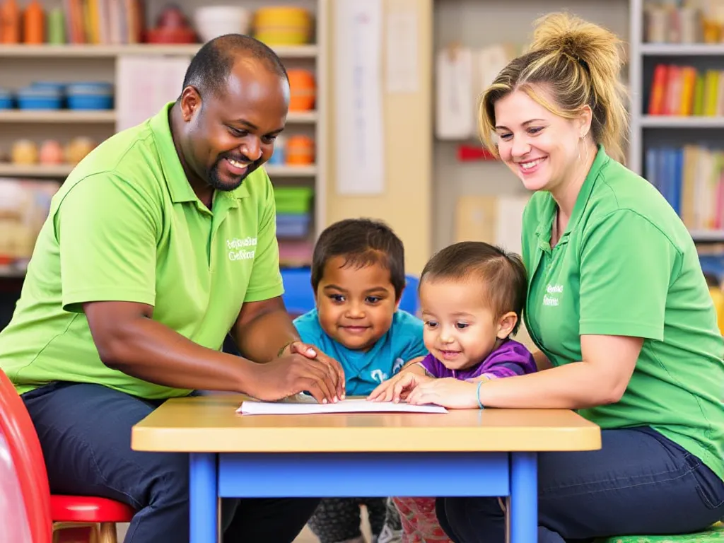 Expert Child Care Recruitment Two caregivers engage with children at a table, demonstrating the nurturing environment and support provided in child care settings.
